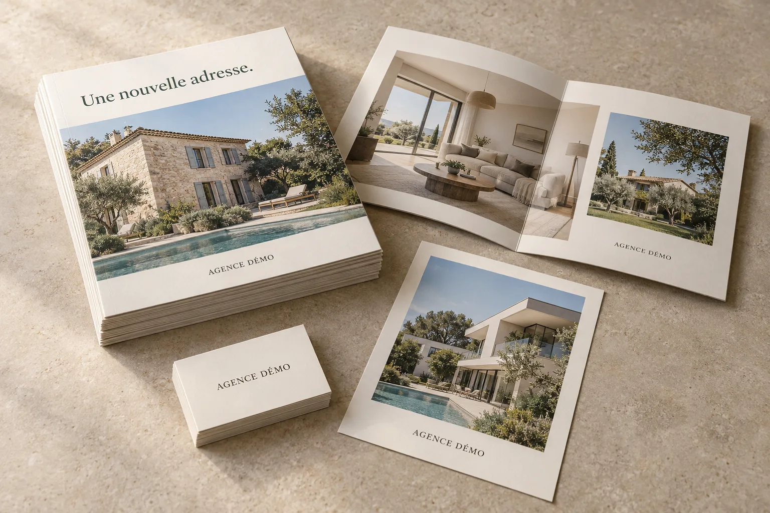 Brochures immobilières empilées, dépliant ouvert, flyer et cartes de visite sur une table : le grain du papier, les plis et les tranches sont visibles
